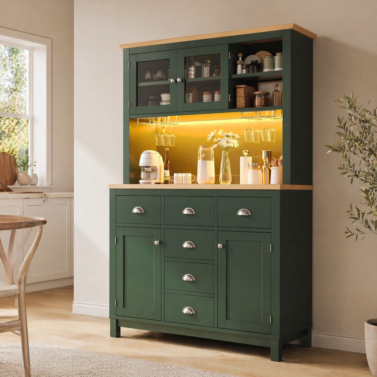 Wishdor Buffetkast - met LED-verlichting en opbergruimte - landelijk dressoir voor keuken en eetkamer - houtlook en metaal - groen - 104 x 40 x 180 cm