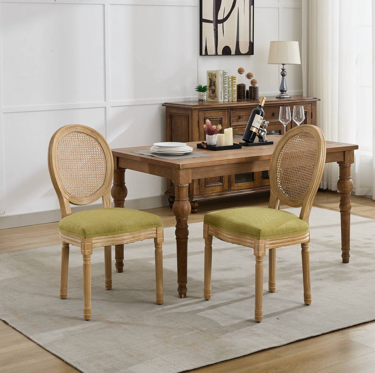 MEUNIQ eetkamerstoel set van 2 met rotan rugleuning, linnen bekleding en houten frame, Franse stijl voor eetkamer, olijfgroen, 59,5 x 49 x 95 cm Olive Green