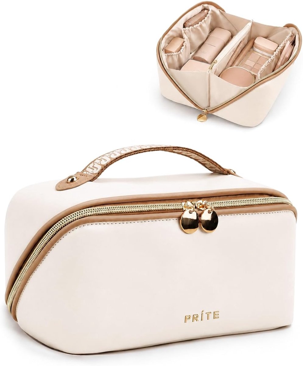 Thijox - Toilettas met Grote Capaciteit, Draagbare Make-uptas voor Reizen, Waterdicht PU-leer, Medium Beige, Inclusief Transparante Scheider en Handva