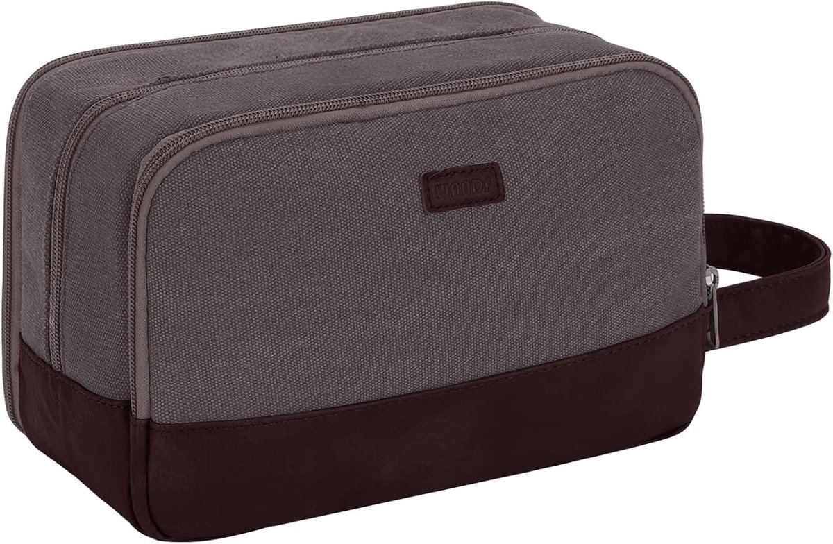 Thijox - WANDF Toilettas voor Heren, Dubbele Set Canvas en Vegan Leer, Waterafstotende Reis-Toilettas, Taupe, Perfect voor Scheergerei en Toiletartike