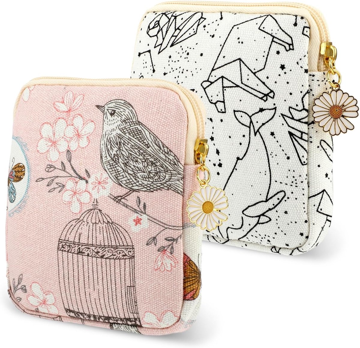 Maandverband Tasje - 2 Stuks - Madeliefje met rits - Tampon Doosje - Muntportemonnee - Toilettas - Opbergzakje - Mini Make up Tas -Luiertas - Voor vrouwen, tieners, meisjes, school - Wit