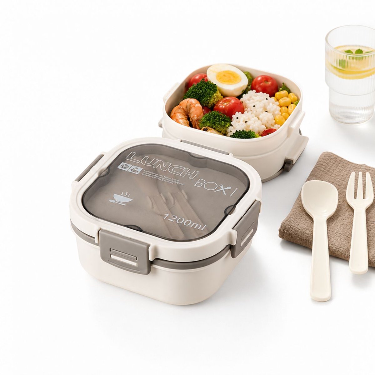 VHV - Broodtrommel - Lunchbox - Lunchbox met 2 Lagen - 1200ml - Inclusief Thermische Tas & Bestek - Magnetronbestendig - Warmhoudfunctie met Water - Witte Broodtrommel met Vakken - BPA-vrij