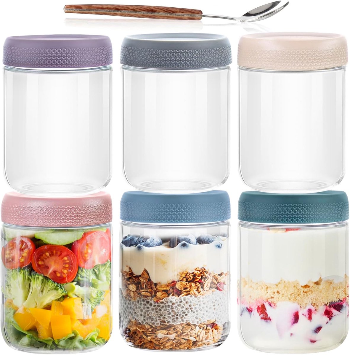 SnelShoppen - 6-pack Overnachting Haver Containers met Deksels, Glazen Potten 16 OZ met Lepel, Herbruikbare Mason Potten met Brede Mond voor Yoghurt,