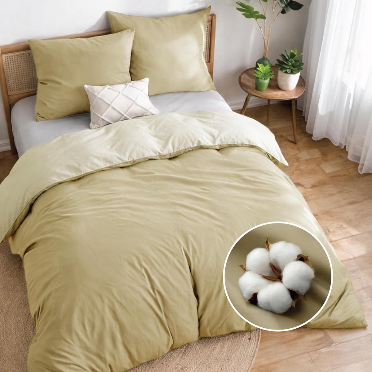 SnelShoppen - Katoenen Omkeerbaar Dekbedovertrek 200x240 - Beige - 3-delige Bedding Set voor Volwassenen met 2 Kussenslopen 65x65 - Oeko-Tex - Wasbaar