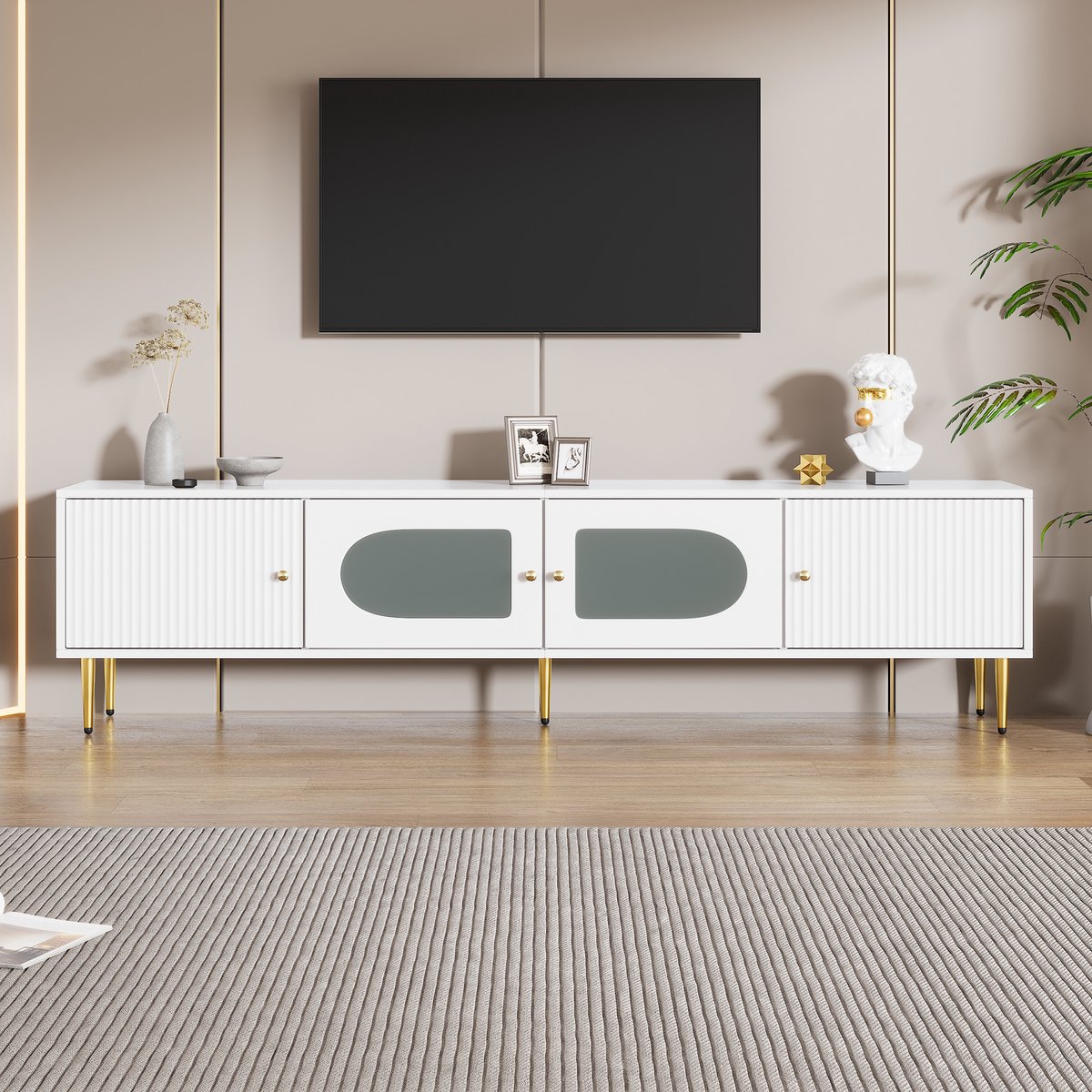 Wishdor - TV meubel - 4 deuren met kabeldoorvoer - modern design voor woonkamer - houtlook wit met gouden poten en handgrepen - 170 x 35 x 50 cm