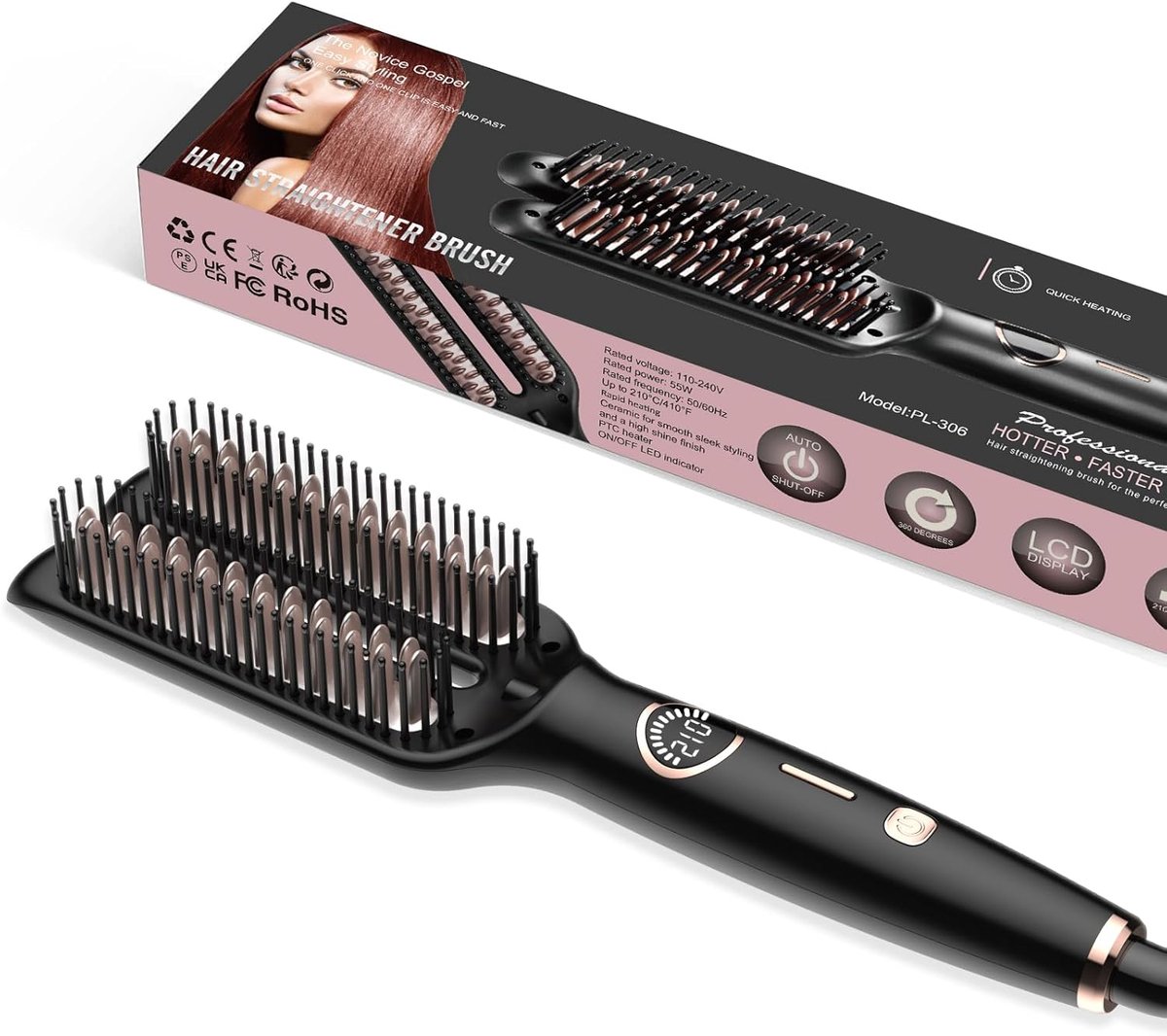 SnelShoppen - UKLISS Straightening Brush, Haarstijlborstel met LED-display, Snelle Hittebescherming, Dubbele Rechte Kam, 30s Verwarming, Ionic Technol