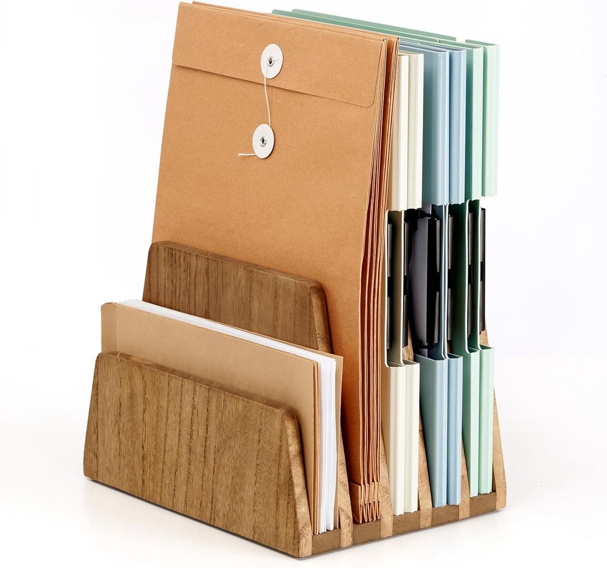 SnelShoppen - Desktop File Document Holder Stand 5 Slots - Vintage Mail Paper Organizer - Houten Desk Sorter voor Thuis Kantoor - 19x25.2x18 cm