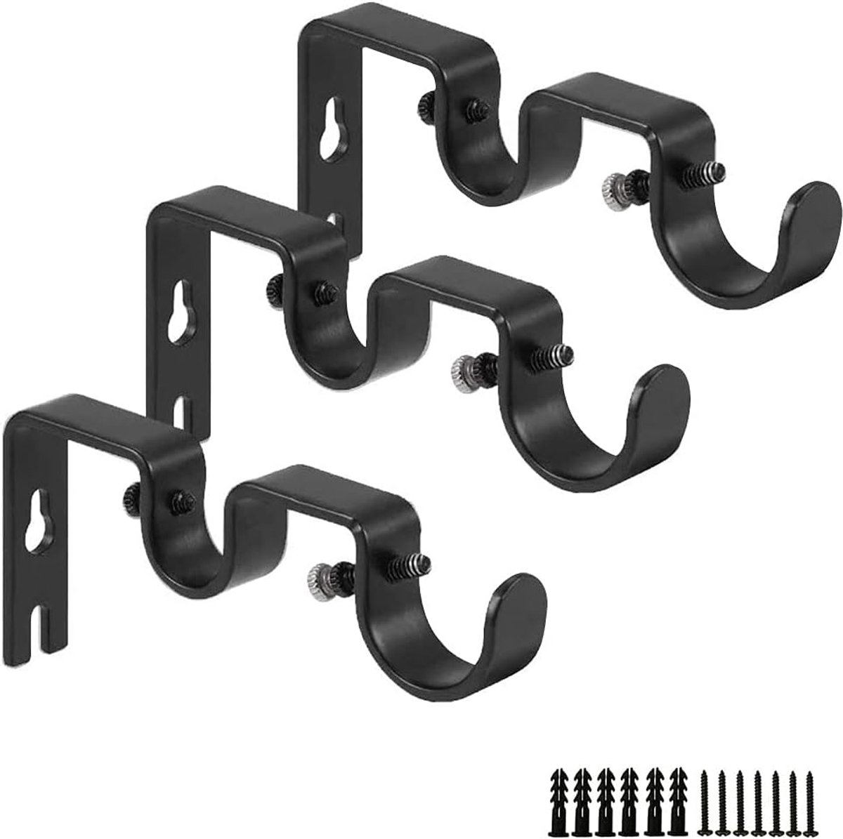 SnelShoppen - Heavy Duty Dubbele Gordijnsteunen Set van 3 - Zwarte Metaal 1" en 5/8" Inch - Stevige Gordijnroede Houders voor Woonkamer, Kantoor, Slaa