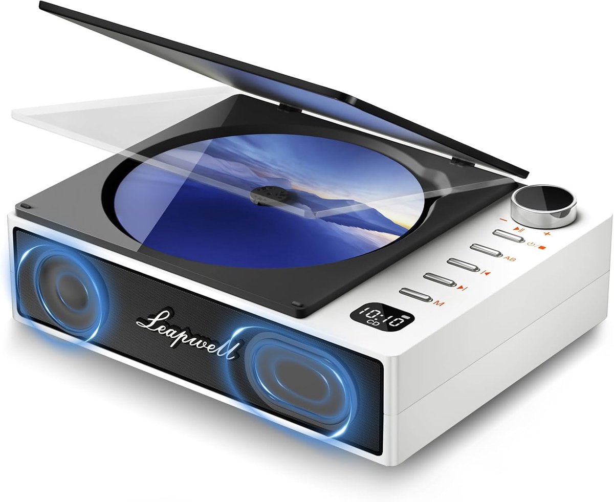 SnelShoppen - Draagbare CD Speler met Bluetooth, Speakers, Hoofdtelefoon, USB, AUX, FM Radio, Optische Mode - Retro Mini CD Speler voor Thuis - Wit