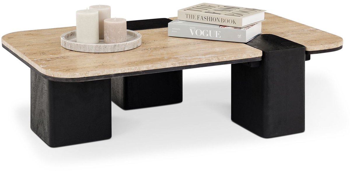 Salontafel SURAT met tafelblad van travertijn en mangohout – beige/zwart