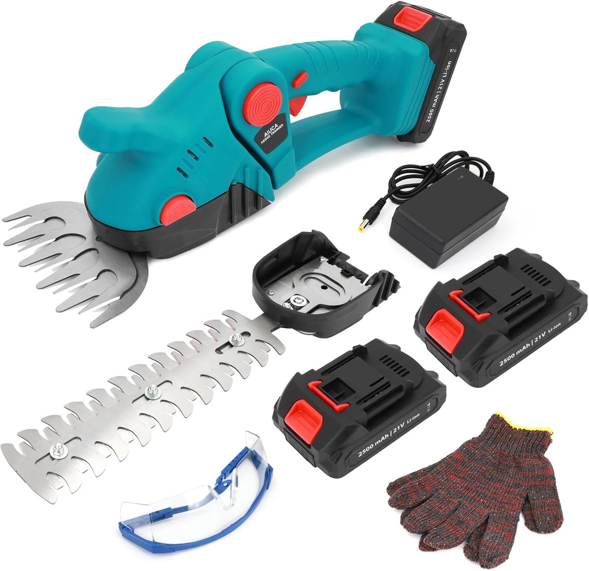 SnelShoppen - Accu Heggenschaar 21 V – 2-in-1 Gras & Heg Schaar, 1260 rpm, Inclusief 2 x 2500 mAh Batterijen & Oplader – Voor Tuin en Gazon (Blauw)