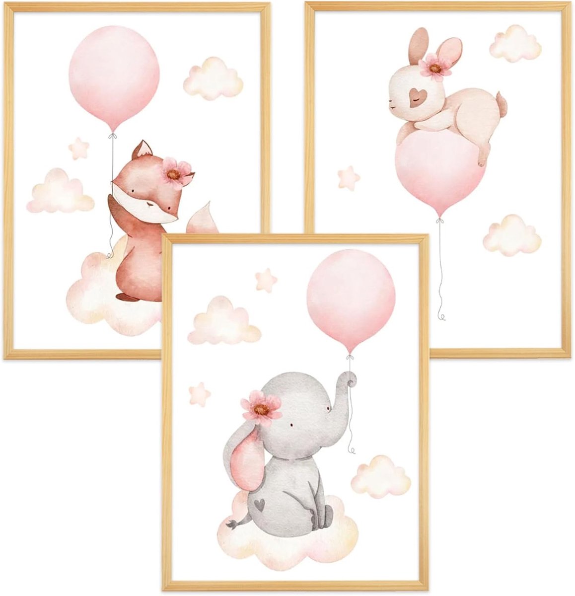 SnelShoppen - A4 Kinderen Kamer Decoratie Posters - Schattige Dieren Prints voor Babykamer en Kinderkamer - 3 Stuks - Milieuvriendelijk - Wit Achtergr