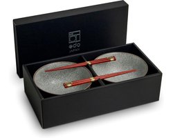 SnelShoppen - Luxe Udon Bowl Set Koishi - 4-delige Porseleinen Noodle Bowl Set voor 2 Personen - Inclusief Houten Chopsticks - Ideaal voor Ramen, Soep