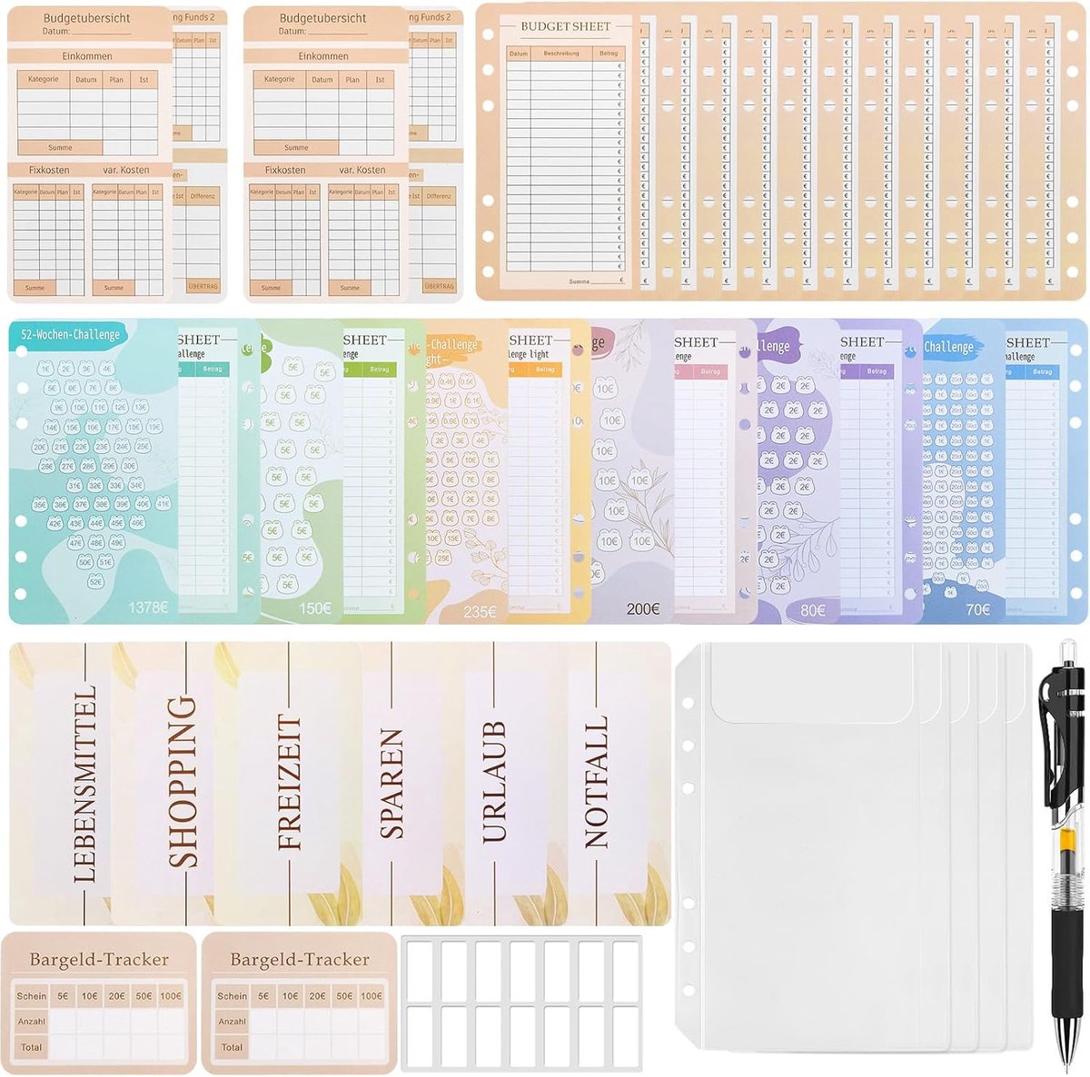 SnelShoppen - 48Pcs Geldbesparingsuitdaging, A6 Budget Planner, Diverse Kleuren Spaarkalender voor Binder, 12 Budgettabellen, Perfect voor Thuis en Ka