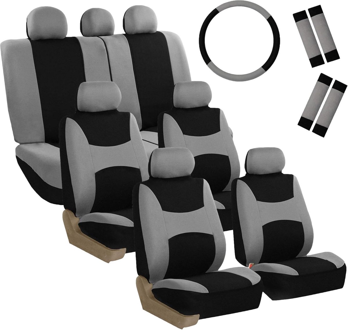 SnelShoppen - Universele Auto Stoelhoezen Set voor 3 Rijen - Ademend Stof, Airbag & Split Klaar, Geschikt voor Auto's, Trucks & SUV's - Grijs/Zwart