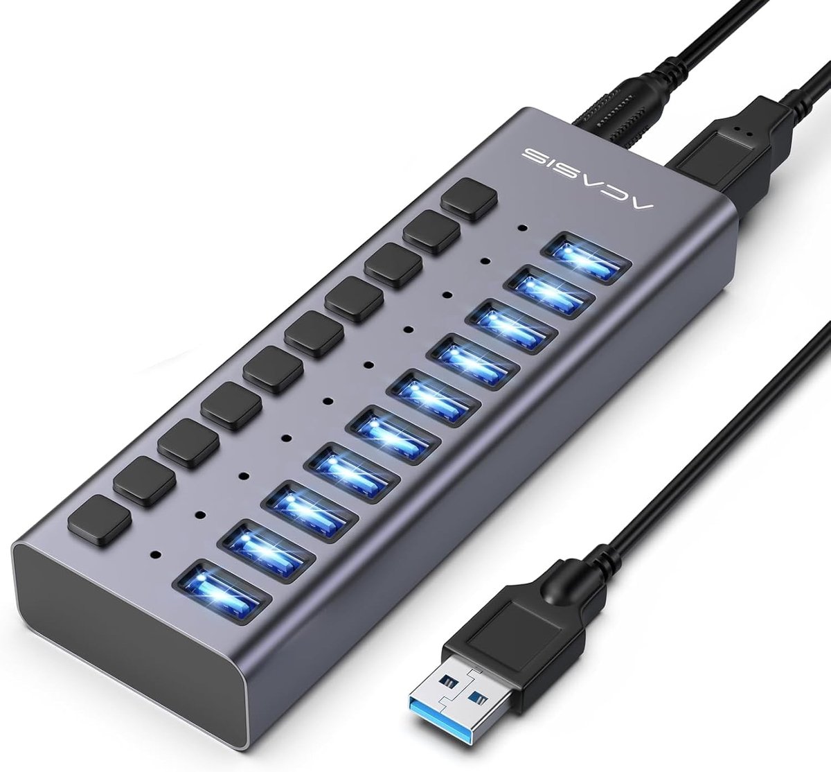 SnelShoppen - USB Hub 10 Poorten USB 3.1 Powered met 10Gbps Dataoverdracht, Individuele Aan/Uit Schakelaars, 12V4A Power Adapter voor MacBook, Pro, Mi