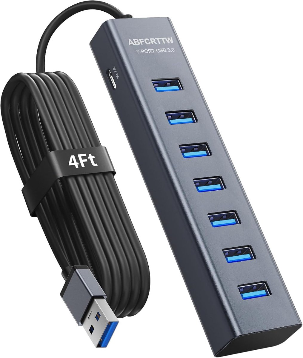 SnelShoppen - 4Ft 7-Port USB 3.0 Hub voor Desktop - Aluminium USB Extender Hub 5Gbps - Multiport Adapter voor PC, Flash Drive, Mobile HDD - Ideaal voo