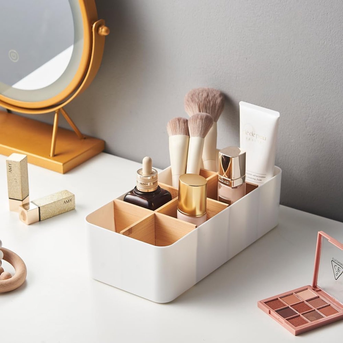 SnelShoppen - Desk Organiser met 8 Compartimenten, Multifunctionele Pennenhouder en Bureau Organizer in Wit van Hoogwaardige ABS en Bamboe voor Kantoo