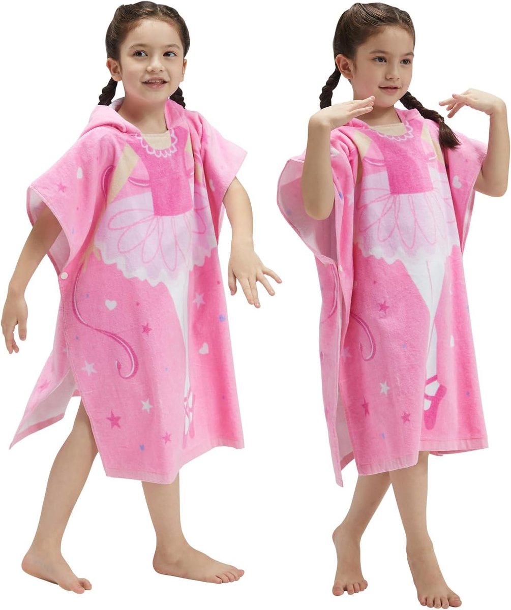 SnelShoppen - Kids Hooded Towel Poncho Ballerina - Zachte Katoenen Badcape voor Meisjes - Absorberende Strand- en Zwemhanddoek voor Kinderen van 5-9 J