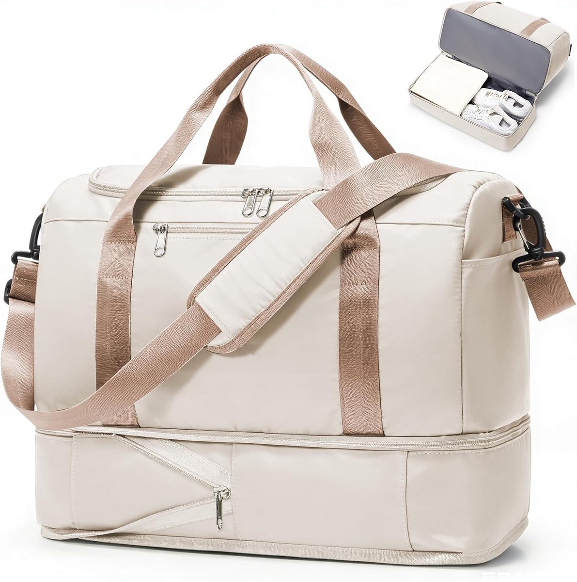 SnelShoppen - Weekender Travel Bag Vrouw, Sporttas 40x30x20 cm, Ryanair Handbagage, Ziekenhuis Tas, Reistas met Schoen Compartiment, Beige Bruin