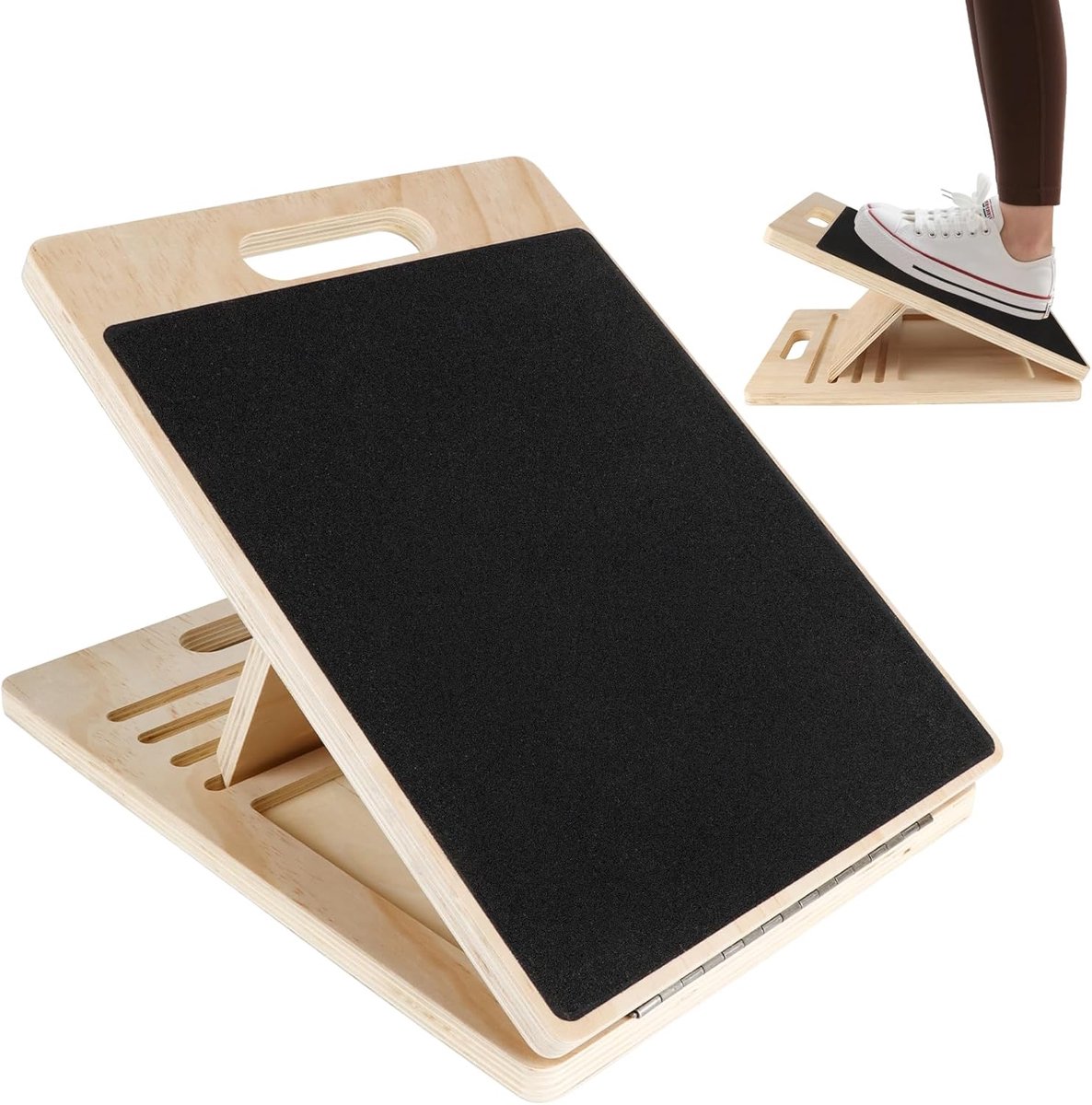 SnelShoppen - Calf Stretcher Ramp Hout - Verstelbare Calf Stretch voor Fitness - 5 Hoekinstellingen - Antislip en Vouwbaar - Verbeter Balans en Flexib