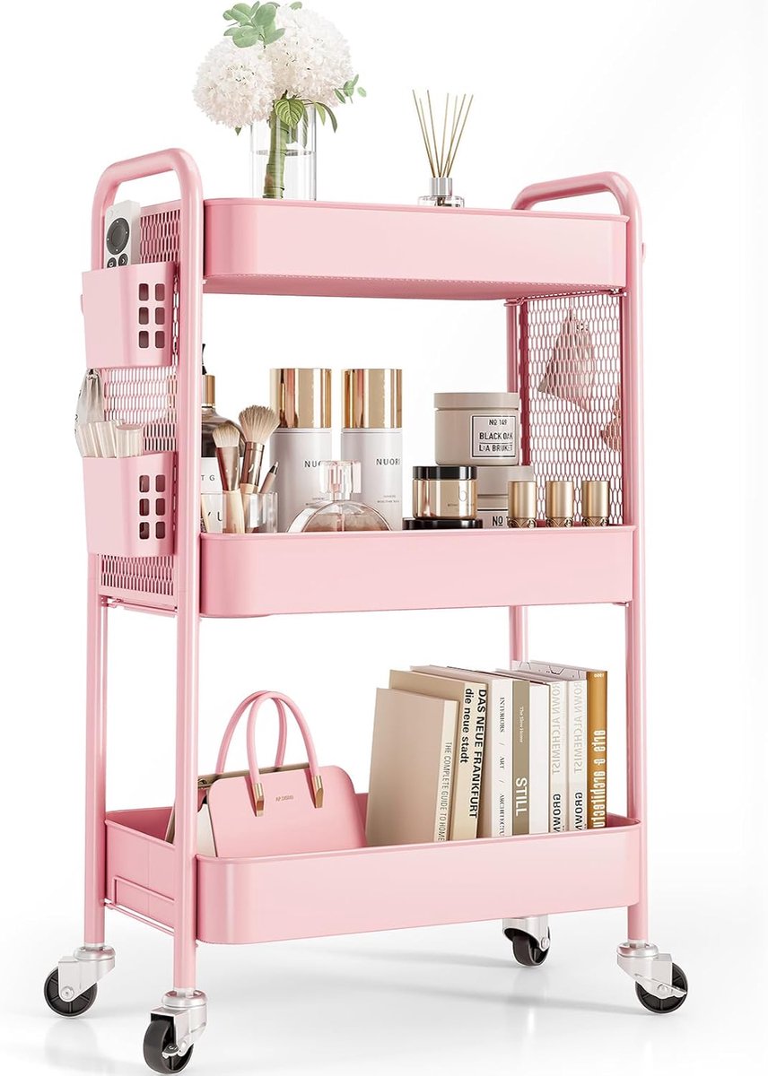 SnelShoppen - Multifunctionele Opbergtrolley met 3 Planken, Metaal, DIY Steekborden, Mandjes en Haken voor Keuken, Badkamer, Kantoor, en Meer
