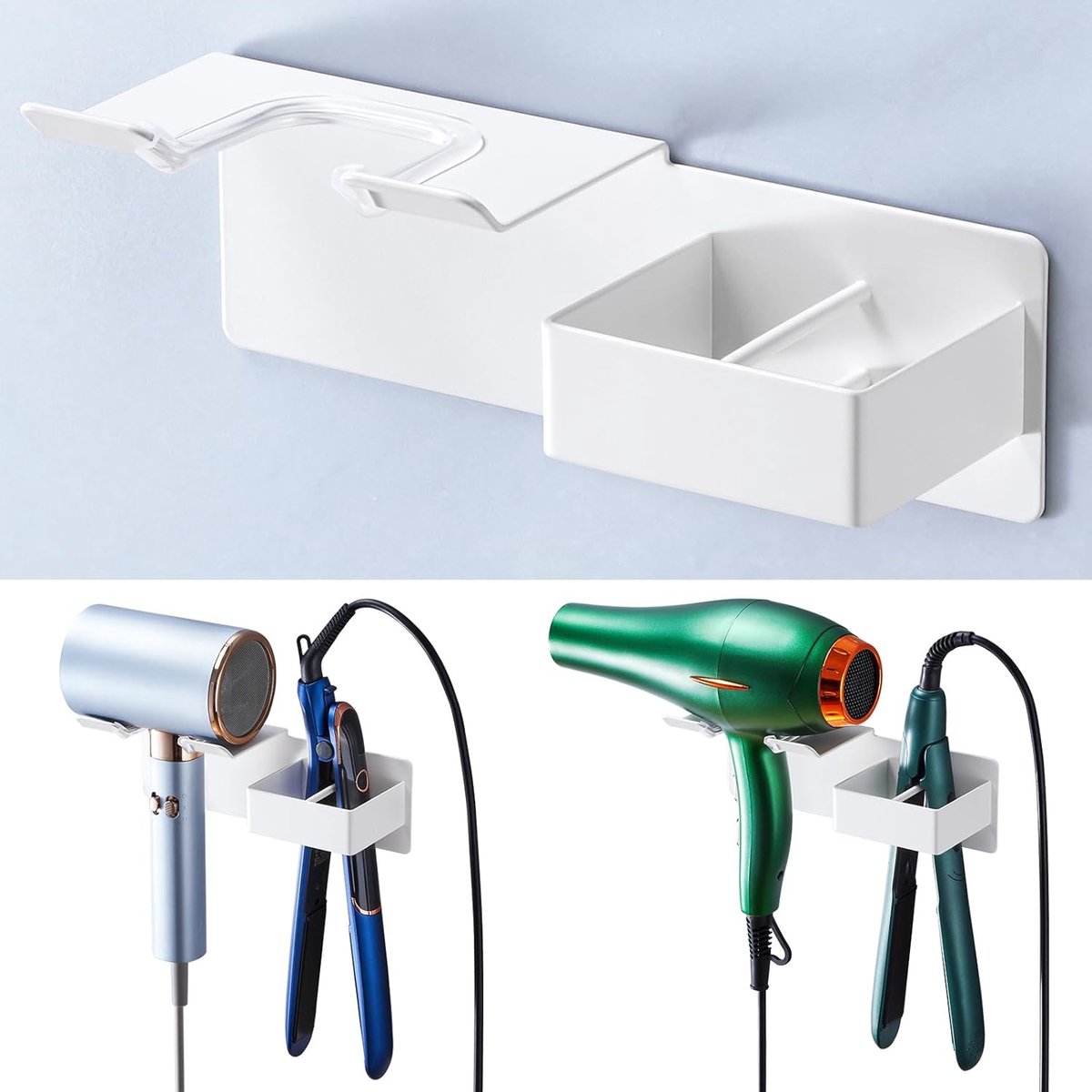 SnelShoppen - Hair Dryer Holder Zonder Boren - Wandhouder voor Föhn en Steilijzer - Metalen Badkamer Accessoire - Wit - Duurzaam en Stijlvol