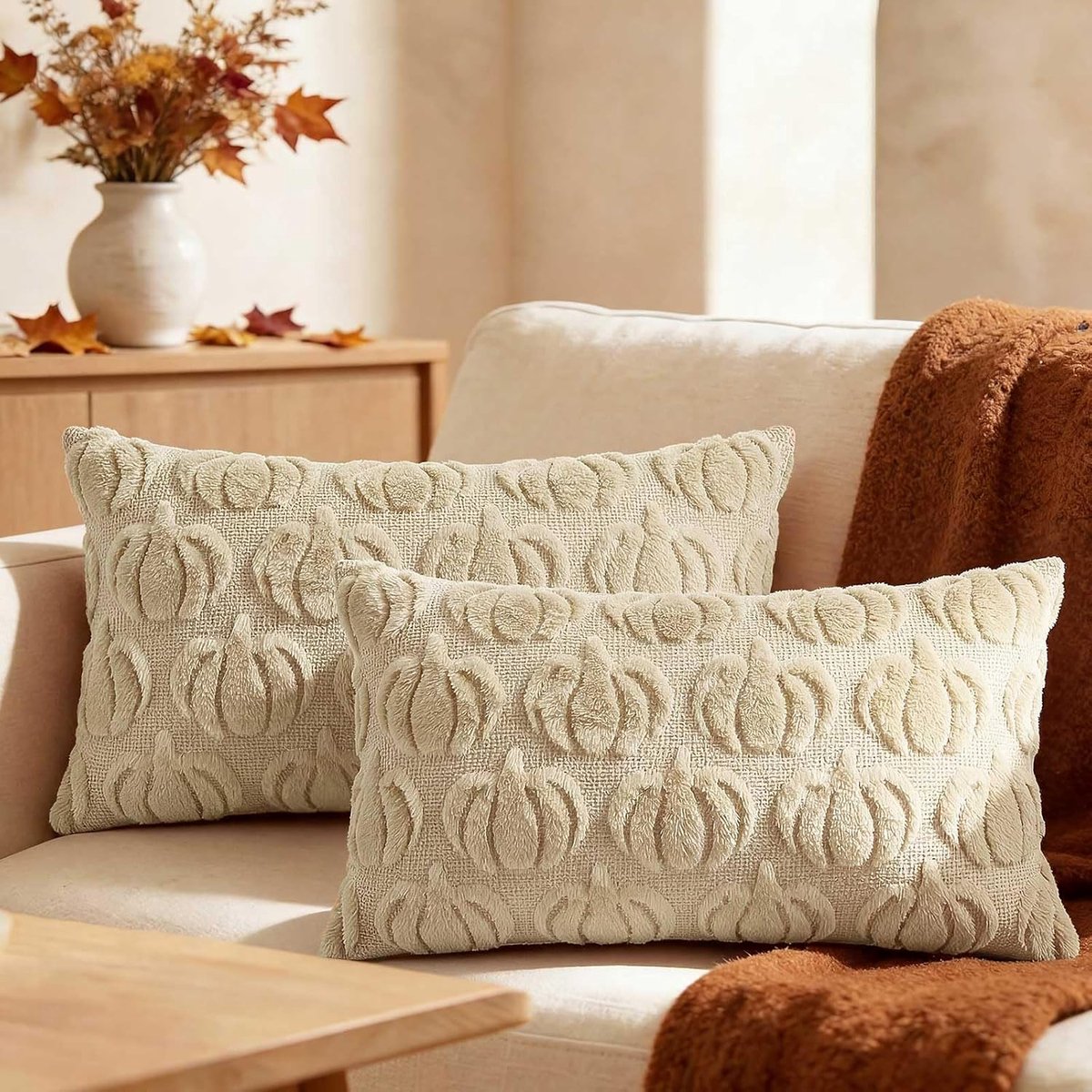 SnelShoppen - 2 Stuks Sierkussens Herfst 30x50cm - Pluche Pompoen Kussens - Decoratieve Kussens voor Sofa, Thanksgiving en Halloween