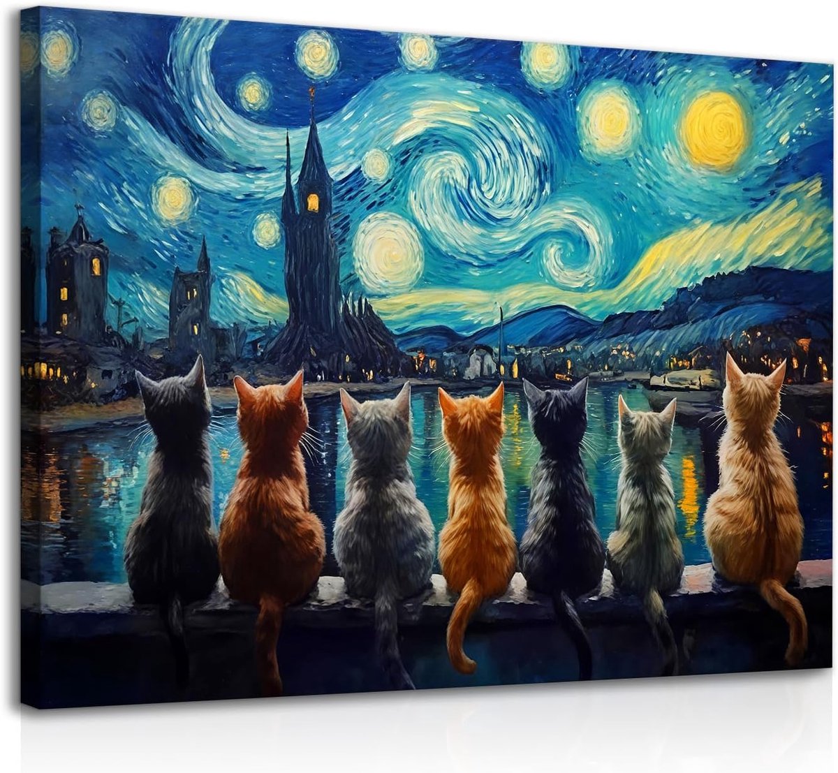 SnelShoppen - Dazzlewall Framed Starry Night met Katten Wanddecoratie, Vintage Kat Olie Schilderij, 12x16 Inch, Houten Lijsten, Perfect voor Slaapkame