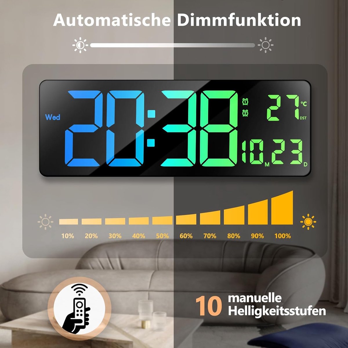 SnelShoppen - Digitale Wandklok 16 Inch - Grote LED Klok met 11 RGB Kleuren, Tijd, Datum, Temperatuur, Week, Timer, 12/24 Uur, Auto Dimming voor Woonk
