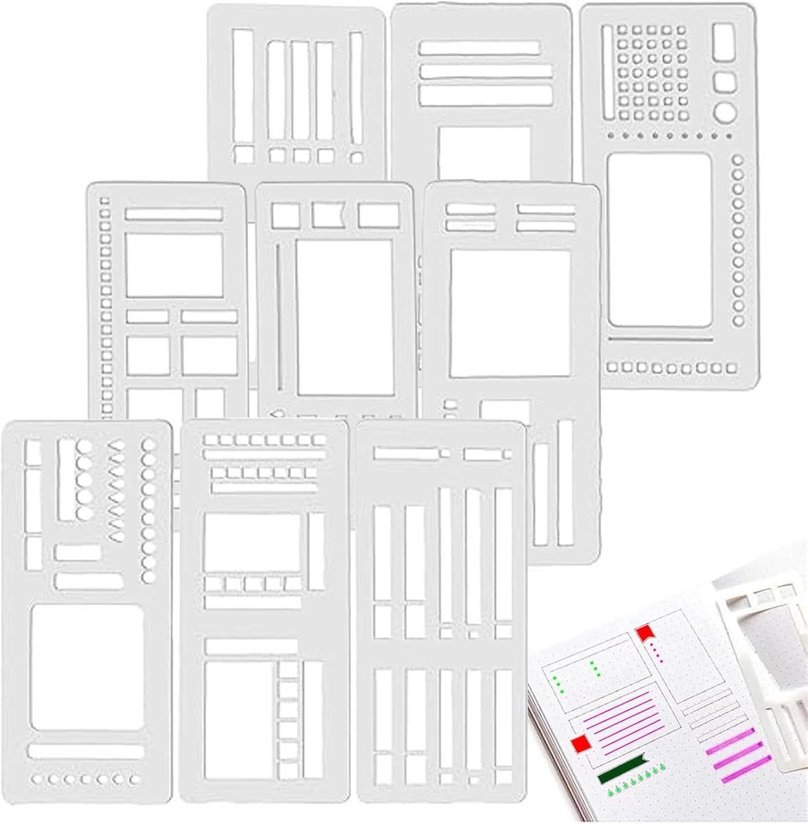 SnelShoppen - Bullet Journal Accessoires 9 Stuks - Flexibele Herbruikbare Notitieboek Templates voor Journaling, Kalenders, Checklists en Scrapbooking