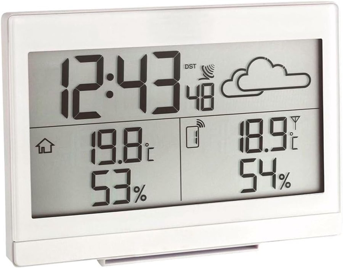 SnelShoppen - Digitale Draadloze Weerstation CASA - Weersvoorspelling, Binnen- en Buitentemperatuur, Vochtigheid, Klok, Wit, 141x48x100mm, Voor Binnen