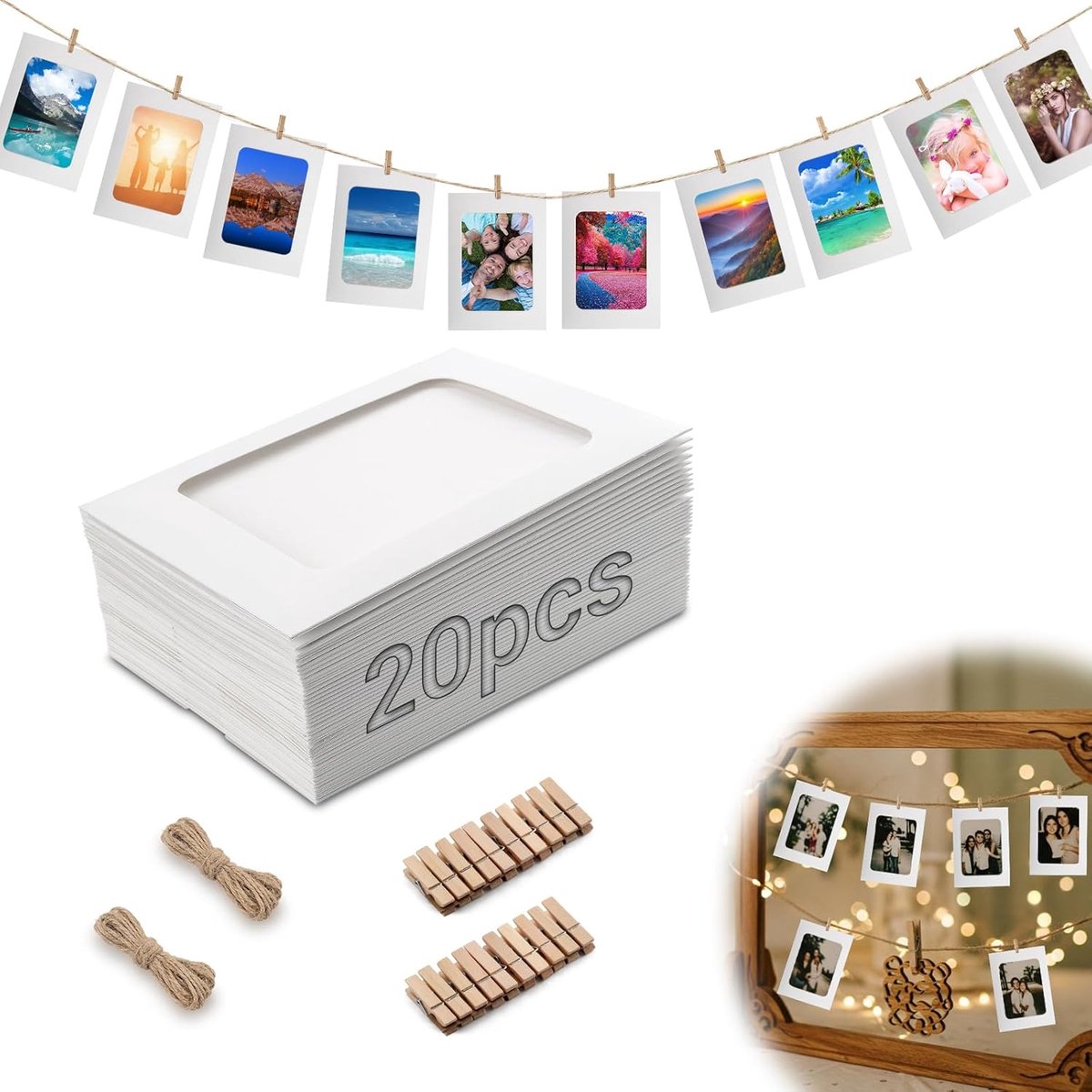 SnelShoppen - 20 Stuks Photo Garland 10x15cm Foto Lijntje met Houten Klemmen en Touw - Witte DIY Kaartenlijst voor Verjaardag, Bruiloft en Decoratie