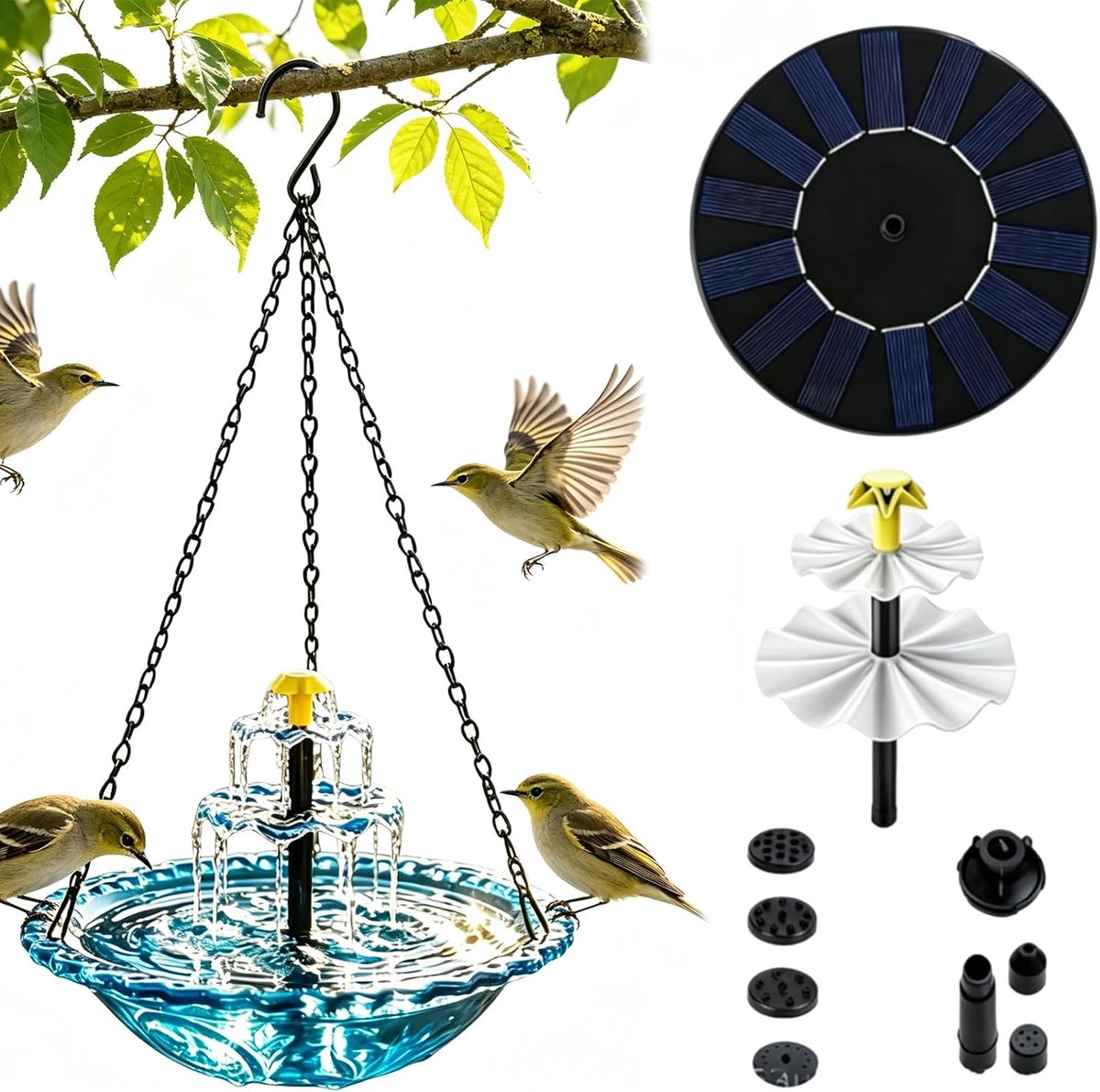 SnelShoppen - 2026 Nieuwe Zonne-energie Vogelbad met Hangfontein, Buiten Vogelbad voor Hummingbirds, Grote Vogelbaden met Solar Pomp en Glazen Kom voo