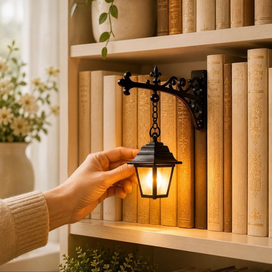 Serre-livres avec lampe - Lanterne miniature pour étagère - Lampe d'ambiance décorative entre les livres - Convient pour étagère, coin lecture et bureau - Noir