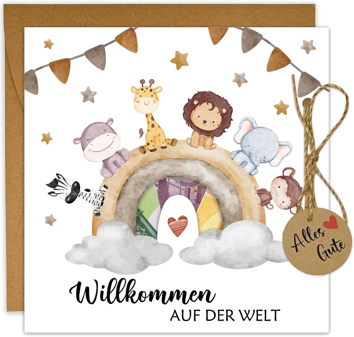 SnelShoppen - JOYEASE Geld Cadeau voor Baby Geboorte met Envelop, Persoonlijke Geboorte Kaart, Verjaardags Cadeaus voor Jongens en Meisjes, Waterverf