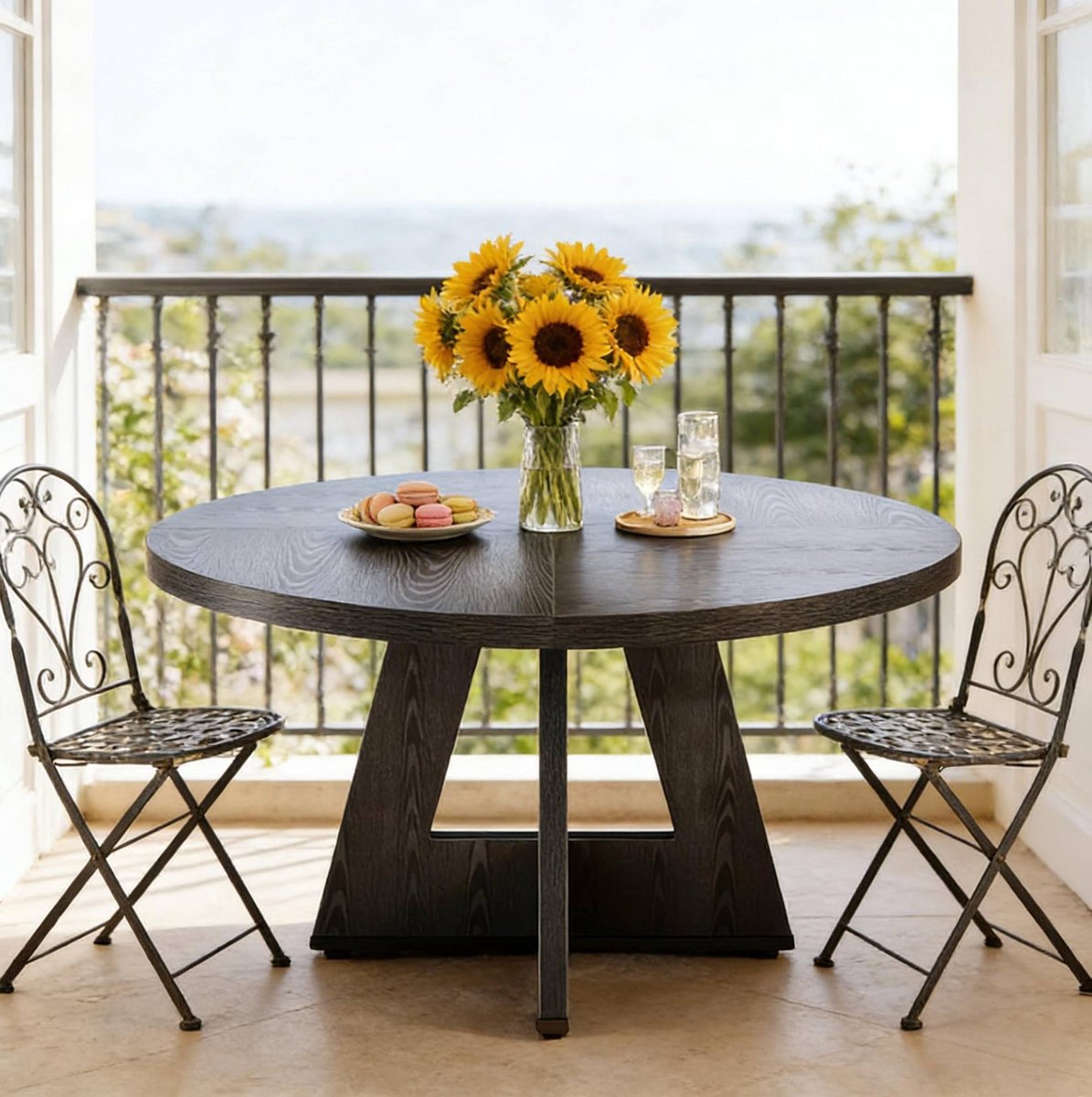 MEUNIQ ronde eettafel 120 cm zwart, tafel voor 4 personen in landelijke stijl, vaste eetkamertafel van houtbasis voor eetkamer of woonkamer, zonder stoelen