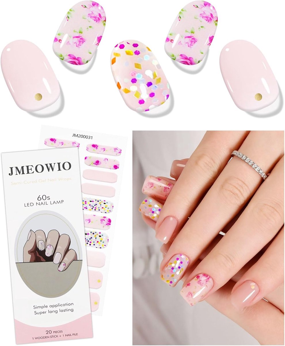SnelShoppen - Glitter Pink Flower Nail Foil Gel Nail Art Sticker - 20 Stuks Semi-Cured Gel Nagelstickers - Duurzaam, Veilig en Eenvoudig in Gebruik -