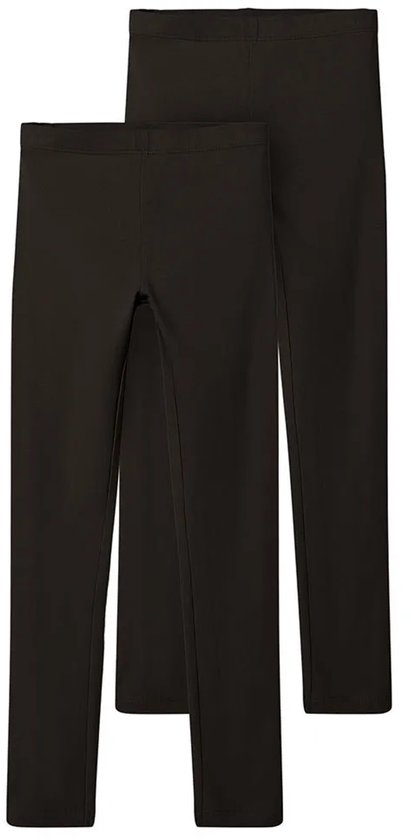 Twee donkerbruine meisjesleggings, beide met elastische tailleband.