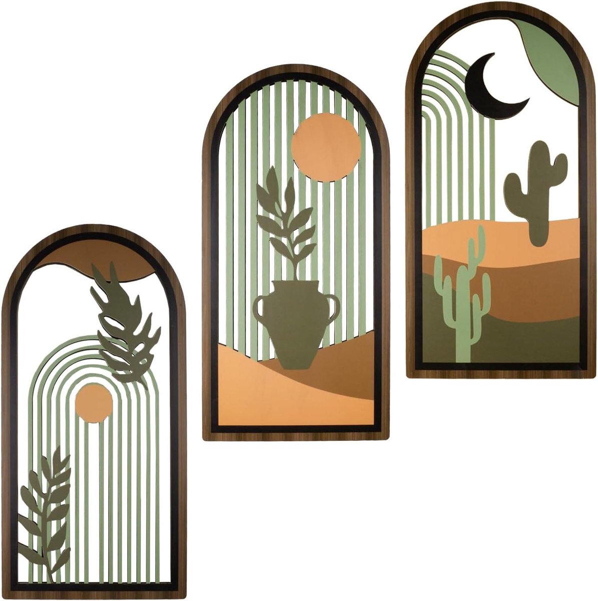 Wanddecoratie Set - Houten Kunstprints - Woonkamer Aankleden - Boho Planten Stijl - 3 Delig - Groen Bruin