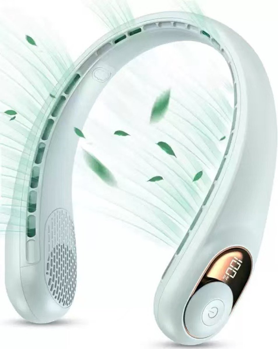 Deze oplaadbare, draagbare nekventilator heeft een verbeterd led-display, een 4000 mAh-batterij en 3 instelbare snelheden. Hij is geschikt voor zowel mannen als vrouwen en is verkrijgbaar in een gebroken witte kleur.