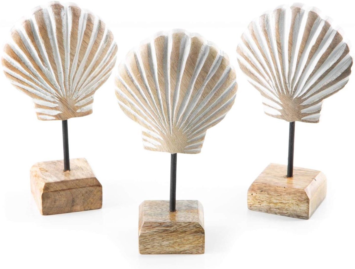 Houten Schelpen Set - Decoratie figuren - Maritieme sfeer creëren - Shabby look - 3 stuks 17 cm - Natuurlijk wit