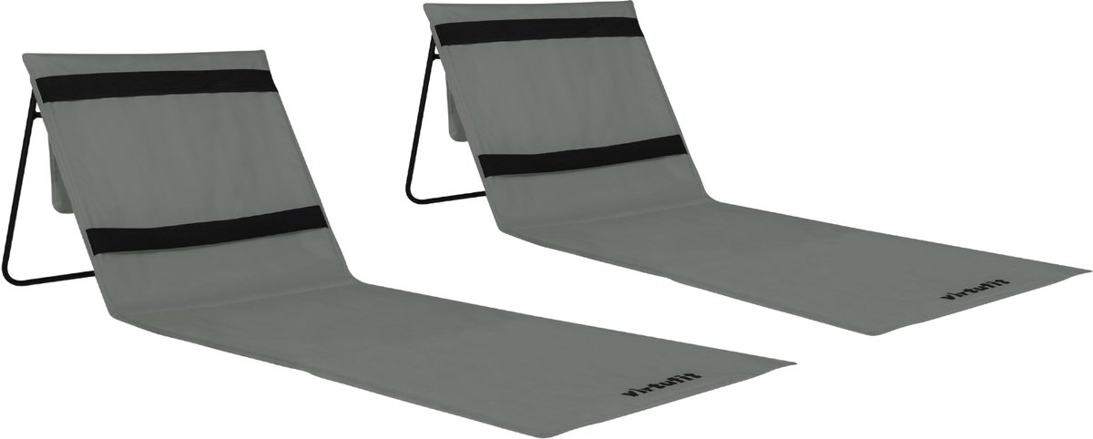 VirtuFit Strandmat met Rugleuning - Set van 2 - Grijs - 166 cm - Verstelbare Rugleuning - Eenvoudig Opvouwbaar & Draagbaar