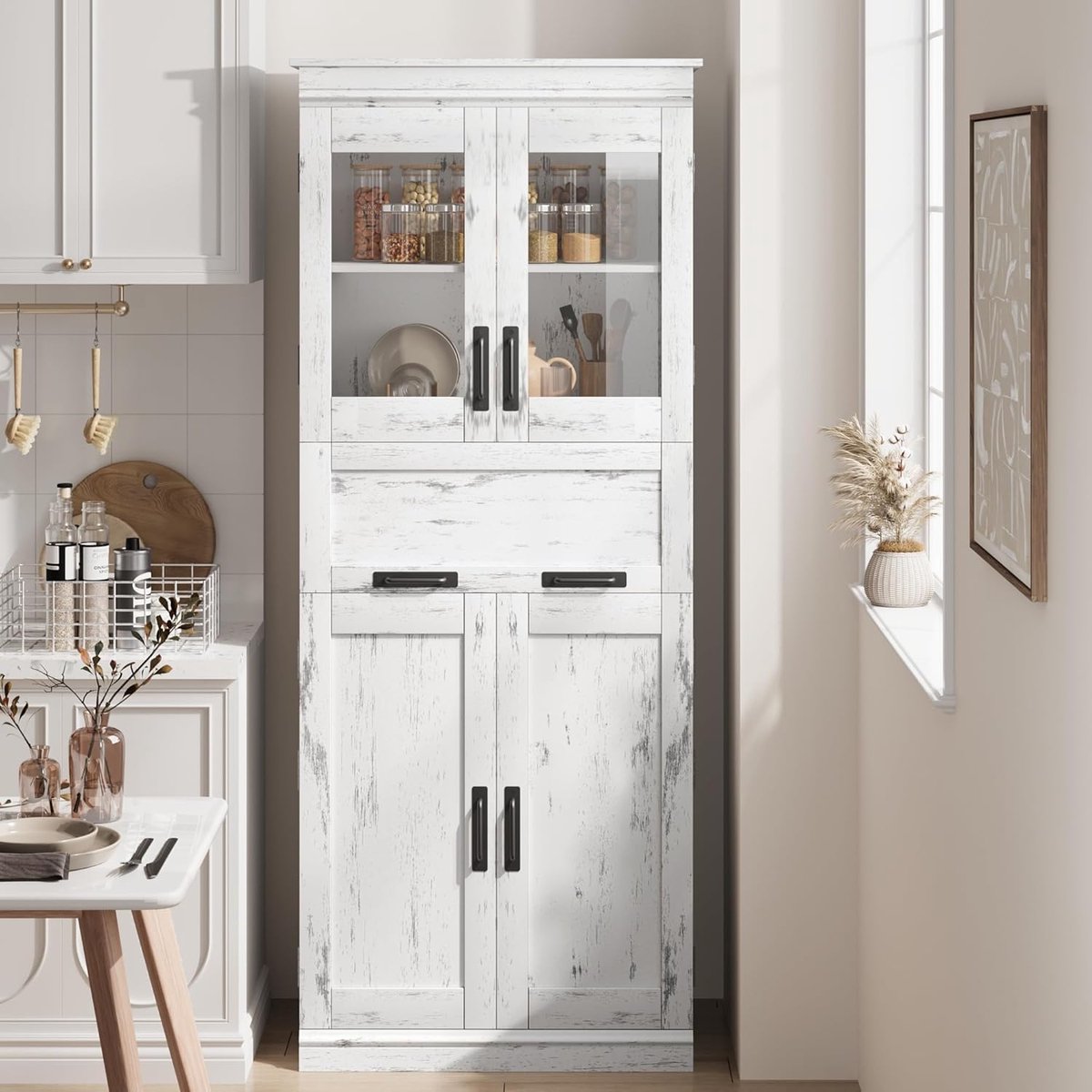 Hoge Vitrinekast / Opbergkast - 170x60x30 cm - Buffetkast met Glazen Deuren, 4 Deuren & 1 Lade - Verstelbare Planken - Woonkamer, Keuken, Eetkamer, Hal