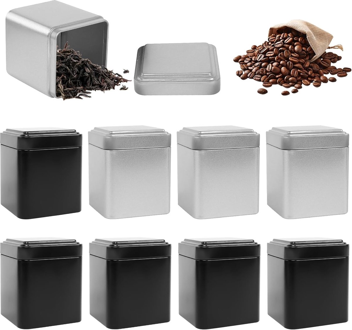 SnelShoppen - Klassieke vierkante theedoos voor losse thee - 9 metalen theeblikjes - Voedselveilig - 7 x 7 x 8,5 cm - Perfect voor thee, koffie en spe
