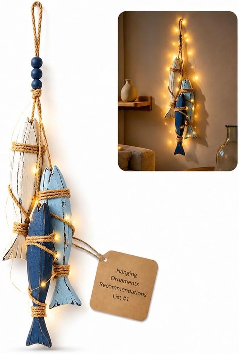 Houten Vis Wanddecoratie met LED - Vis Hanger - Sfeervolle Maritieme Hangende Decoratie voor Voordeur & Muur - Strand/Zee Thema - Wandhanger - Warme Verlichting - 1 Stusk - SOLLBRY®