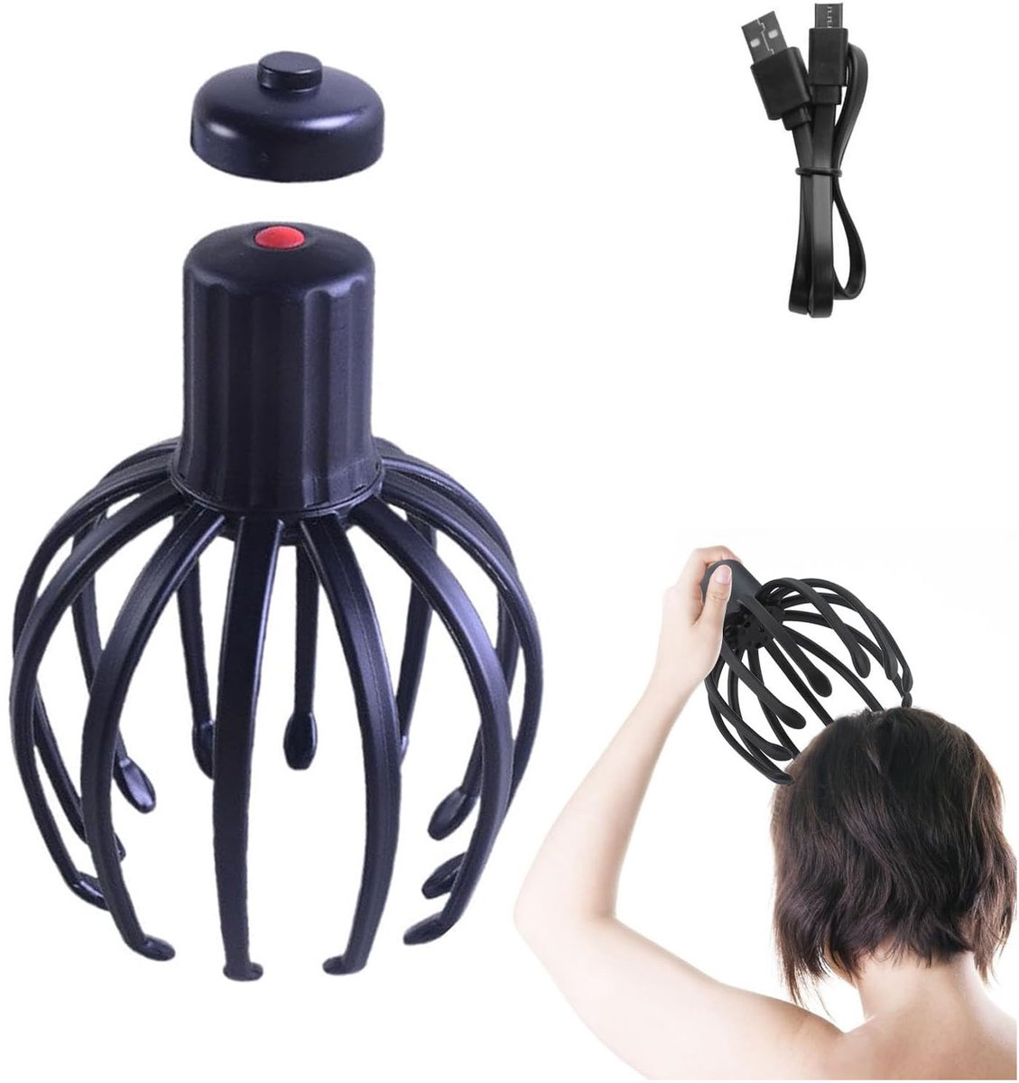 Elektrische Hoofdmassageapparaat Hoofdhuidmassageapparaat Octopus Massageapparaat Oplaadbaar 3 Standen Vibratiemassage Hoofdmassage USB-C Opladen TPE Zwart