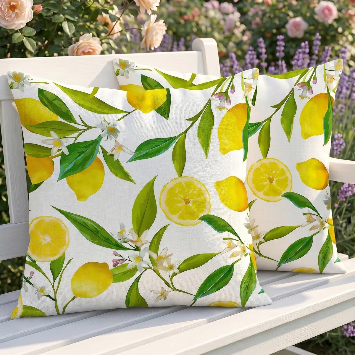 SnelShoppen - Set van 2 Weerbestendige Outdoor Kussenslopen 40x40 cm - Dubbelzijdig Bloemenpatroon in Citroen - Modern Decoratief Kussen voor Tuin, Ba