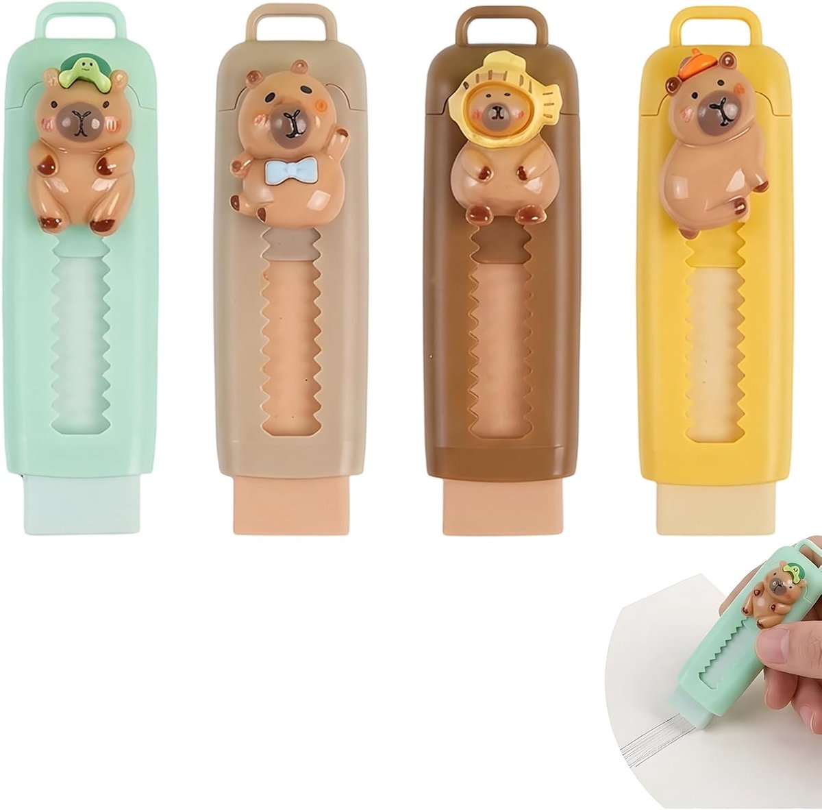 SnelShoppen - Capybara Intrekbare Gummen 4 Stuks - Groen, Geel, Lichtbruin, Donkerbruin - Veilige TPR Materialen - Perfect voor Kinderen, Scholieren,