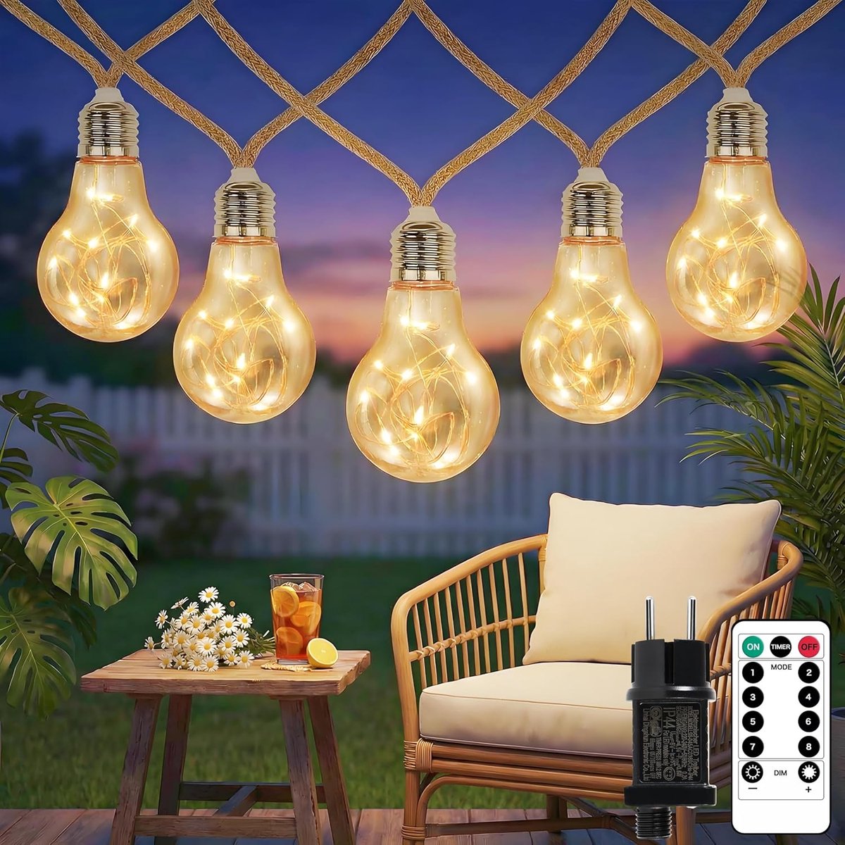 SnelShoppen - Lichtsnoer met Gloeilampen voor Buiten, 7m, 20 LED Vintage Lichtketting met Henneptouw, Waterdicht, 8 Modi, Timer, Warmwit voor Tuin, Ba